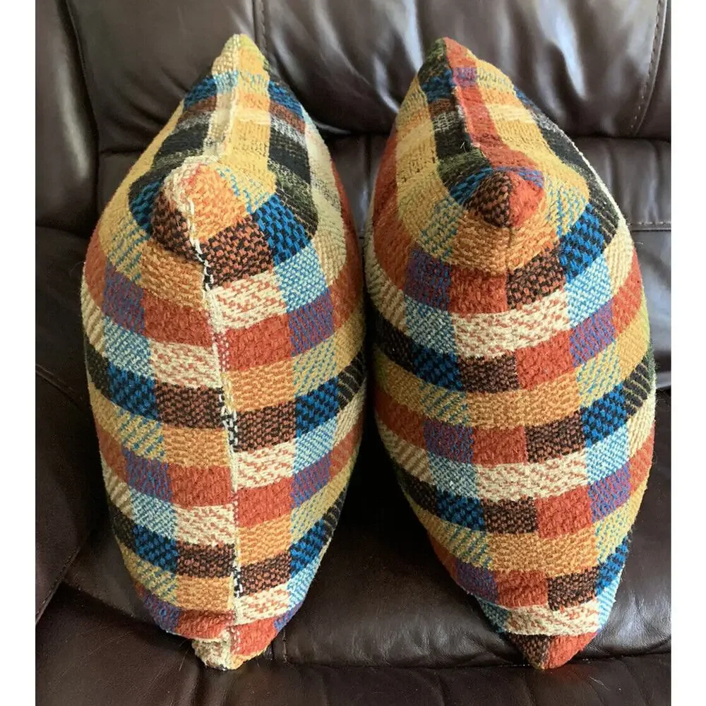 2 Vtg Retro Orange multi Plaid Throw Pillows 60s 70s Funky Mod boho rustic cabin